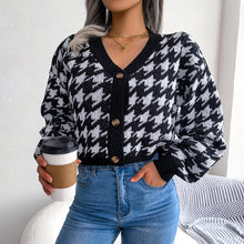 Load image into Gallery viewer, Houndstooth V-Neck Dropped Shoulder Cropped Cardigan