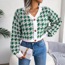 Load image into Gallery viewer, Houndstooth V-Neck Dropped Shoulder Cropped Cardigan