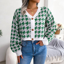 Load image into Gallery viewer, Houndstooth V-Neck Dropped Shoulder Cropped Cardigan