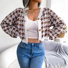 Load image into Gallery viewer, Houndstooth V-Neck Dropped Shoulder Cropped Cardigan