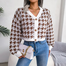 Load image into Gallery viewer, Houndstooth V-Neck Dropped Shoulder Cropped Cardigan