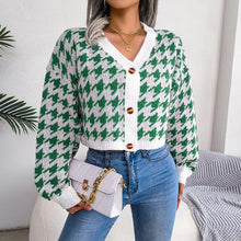 Load image into Gallery viewer, Houndstooth V-Neck Dropped Shoulder Cropped Cardigan