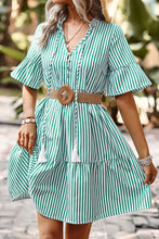 Load image into Gallery viewer, Striped Tie Neck Flare Sleeve Dress