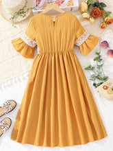 Load image into Gallery viewer, Lace Waistband Embroidery Round Neck Flounce Sleeve Dress