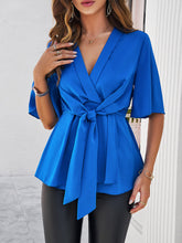 Load image into Gallery viewer, Surplice Tie Waist Half Sleeve Blouse