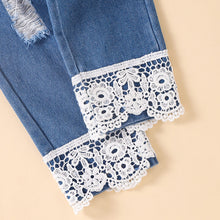 Load image into Gallery viewer, Baby Girl Floral Round Neck Top and Lace Trim Distressed Jeans Set