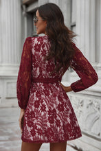 Load image into Gallery viewer, Pompom Trim Puff Sleeve Belted Lace Dress