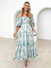 Load image into Gallery viewer, Printed Smocked Off-Shoulder Tiered Dress