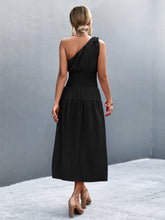 Load image into Gallery viewer, Asymmetrical One Shoulder Smocked Waist Midi Dress