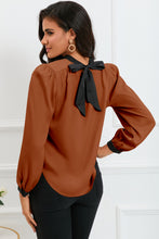 Load image into Gallery viewer, Round Neck Puff Sleeve Back Tie Blouse