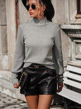 Load image into Gallery viewer, Mock Neck Ribbed Lantern Sleeve Pullover Sweater