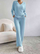 Load image into Gallery viewer, Ribbed V-Neck Long Sleeve Top and Pants Set
