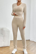 Load image into Gallery viewer, Ribbed V-Neck Long Sleeve Cropped Top and Pants Set