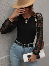 Load image into Gallery viewer, Lace Sleeve Round Neck Ribbed Top