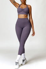 Load image into Gallery viewer, Ruched Halter Neck Bra and Pocketed Leggings Active Set