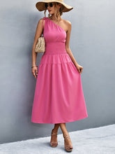 Load image into Gallery viewer, Asymmetrical One Shoulder Smocked Waist Midi Dress
