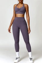 Load image into Gallery viewer, Ruched Halter Neck Bra and Pocketed Leggings Active Set