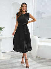 Load image into Gallery viewer, Tied Round Neck Pleated Midi Dress
