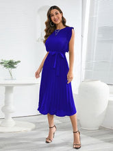 Load image into Gallery viewer, Tied Round Neck Pleated Midi Dress