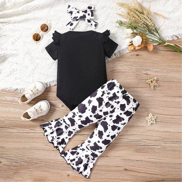 Baby Girl Decorative Button Ribbed Bodysuit and Printed Flare Pants Set