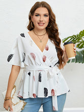 Load image into Gallery viewer, Feather Print Tied Flutter Sleeve Blouse
