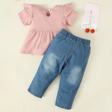 Load image into Gallery viewer, Baby Girl Bow Detail Short Sleeve Top and Distressed Jeans Set