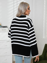 Load image into Gallery viewer, Striped Slit Turtleneck Drop Shoulder Sweater