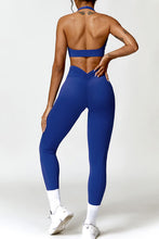 Load image into Gallery viewer, Ruched Halter Neck Bra and Pocketed Leggings Active Set