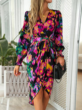 Load image into Gallery viewer, Printed Tie Front Lantern Sleeve Dress