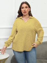 Load image into Gallery viewer, Plus Size Ribbed Collared Neck Long Sleeve Blouse