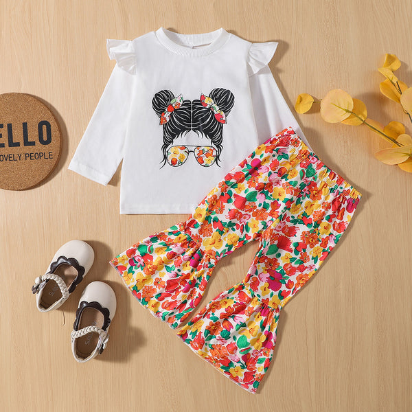 Baby Girl Graphic Top and Printed Flare Pants Set