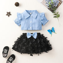 Load image into Gallery viewer, Baby Girl Ruffle Shoulder Shirt and Butterfly Applique Skirt Set