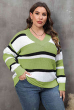 Load image into Gallery viewer, Plus Size Striped V-Neck Dropped Shoulder Sweater