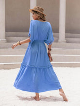 Load image into Gallery viewer, Tassel Trim Smocked V-Neck Short Sleeve Dress