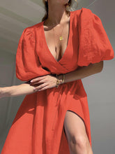 Load image into Gallery viewer, Surplice Balloon Sleeves Tied Dress