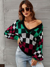 Load image into Gallery viewer, Checkered V-Neck Lantern Sleeve Sweater