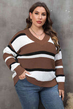 Load image into Gallery viewer, Plus Size Striped V-Neck Dropped Shoulder Sweater