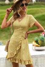 Load image into Gallery viewer, Floral Short Sleeve Surplice Neck Ruffled Dress
