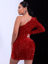 Load image into Gallery viewer, Sequin One-Shouler Tulip Hem Bodycon Dress