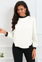 Load image into Gallery viewer, Round Neck Puff Sleeve Back Tie Blouse
