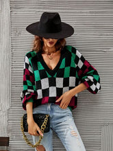 Load image into Gallery viewer, Checkered V-Neck Lantern Sleeve Sweater