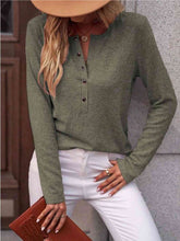 Load image into Gallery viewer, Round Neck Buttoned Long Sleeve T-Shirt