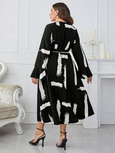 Load image into Gallery viewer, Plus Size Printed Tie Belt Flare Sleeve Round Neck Midi Dress