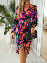 Load image into Gallery viewer, Printed Tie Front Lantern Sleeve Dress