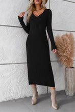 Load image into Gallery viewer, V-Neck Long Sleeve Ribbed Sweater Dress