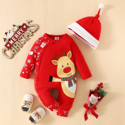 Baby Reindeer Round Neck Snap Down Jumpsuit