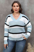 Load image into Gallery viewer, Plus Size Striped V-Neck Dropped Shoulder Sweater