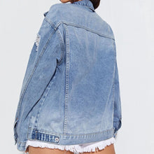 Load image into Gallery viewer, Collared Neck Button-Up Distressed Denim Jacket