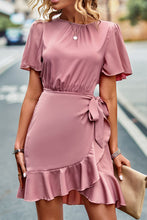 Load image into Gallery viewer, Round Neck Flutter Sleeve Ruffled Dress