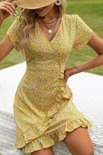 Load image into Gallery viewer, Floral Short Sleeve Surplice Neck Ruffled Dress